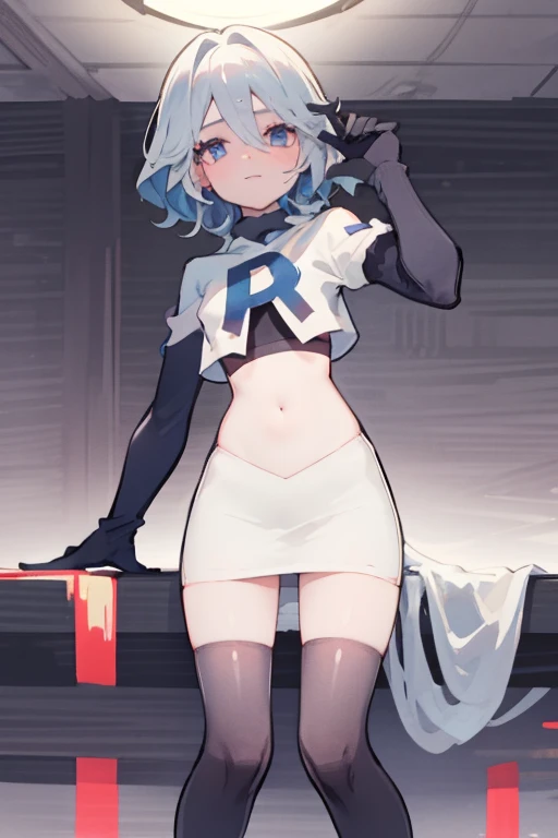 A girl, Delicate face, Highest quality, 8K picture quality, Rockets,Rockets uniform,White skirt,Red letter R,Top of crop,Black knee socks,Black elbow gloves