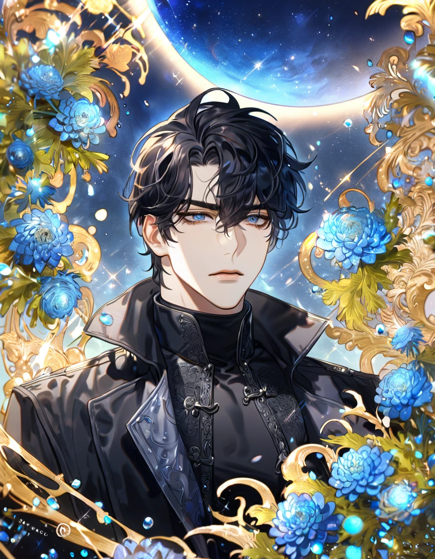 absurdres, highres, ultra detailed, HDR, master piece, best quality, extremely detailed, Yoo Joonghyuk, black hair, expressive gray eyes, Omniscient Reader's Viewpoint, solo, sexy man, handsome, black coat, black tight turtleneck shirt, fantasy, water, sparkling, blue glittering fireflies, blue moon, blue blossoms, blue chrysanthemums, blue sparkling lights, starry sky