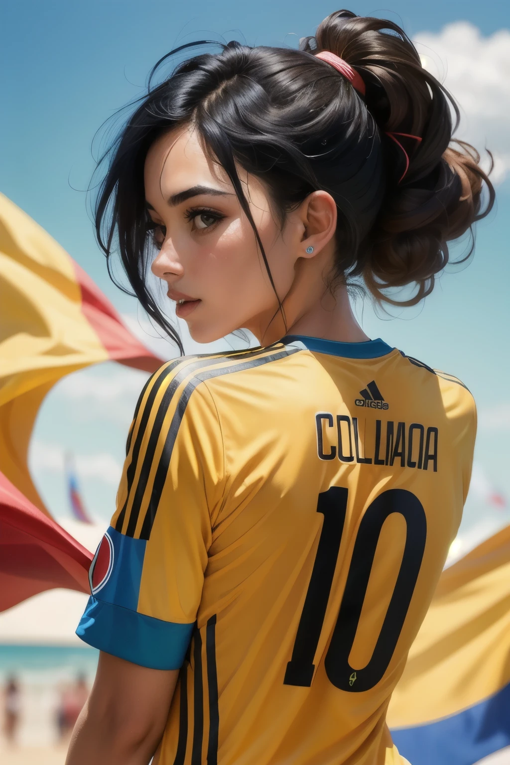 Woman from behind with black hair Colombia national team shirt number 10 player name vivi