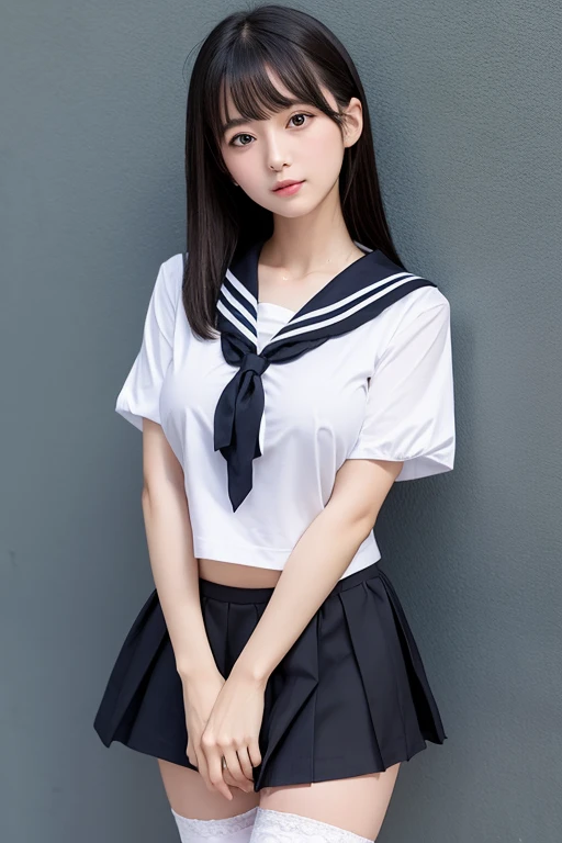 ((Highest quality)), ((masterpiece)), (detailed),
Japanese、Girl、student、Slim body、serious、Super large breasts、Super big ass、Big black eyes、Black Hair、Hair is waist-length、fun、No bra、Summer sailor uniform、Short skirt、Very small white string panties、White knee-high socks、The background is simple、The background is the city、Summer daytime、Are standing