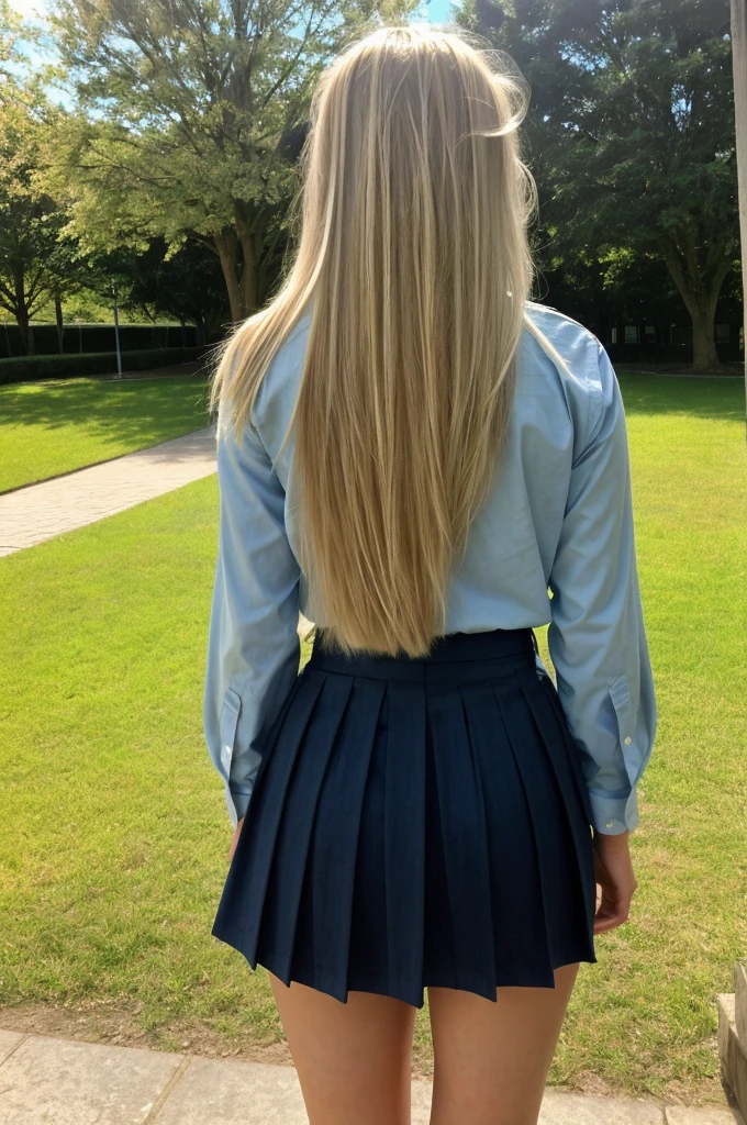 A 18-year-old blonde woman, ((hiperrealismo))textured skin, goosebumps, perfect eyes. Blonde hair with light brown roots. cabello rubio, Hair with brown roots, really long hair. photo taken with iPhone, Porta 160 color. Provocative pose. School girl blue shirt, school girl skirt, school girl uniform, at the garden. Photo taken with iPhone. Cosplay. Back view, shot from down 