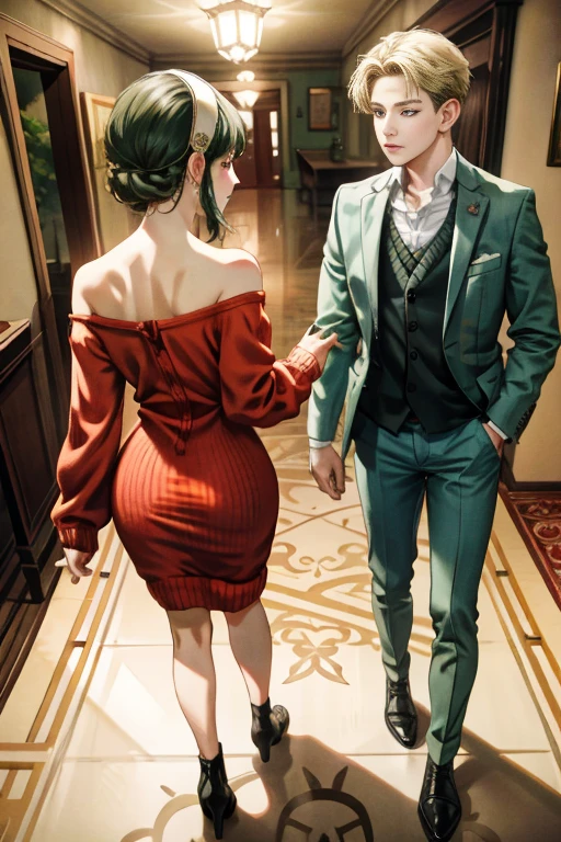 (masterpiece, best quality:1.2), high resolution, intricate details, extremely detailed, realistic and sharp details, (full body), hetero, couple having doggy style sex, front view, (1girl, getting fucked from behind by 1boy, hairband, off shoulder red sweater minidress), (1boy wearing light green business suit, standing behind her and fucked her), photo background, indoors, home, 