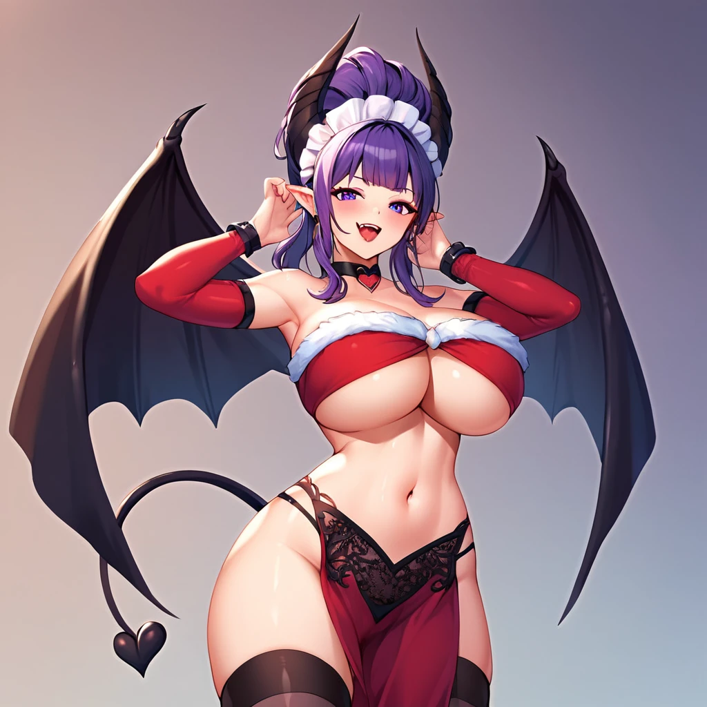 A sultry succubus pose against a sensual dark backdrop, where she floats in mid-air with effortless grace. Her resplendent costume dazzles with ornate micro skirts, pantyhoose, and an elaborate headdress, as colorfull hair cascades down her slender back like precious gems. Captivating violet eyes sparkle with lascivious intent, hinting at a playful, torogao nature. A delicate heart choker adorns her navel, adding to the allure of her captivating physique. As she jumps, MASSIVE breasts and separated sleeves create a mesmerizing display against the stark background. Her tiny fangs gleam in full view, showcasing her succubus tail and wings. Underboobs and belly buttons peek out from beneath layered skirts, leaving little to the imagination as her tantalizing form is framed by the high-contrast darkness.score_9, score_8_up, score_7_up, score_6_up, score_5_up, score_4_up, 1girl, solo, extreme detail, Masterpiece, Best Quality, beautiful, high res image, rating_explicit,