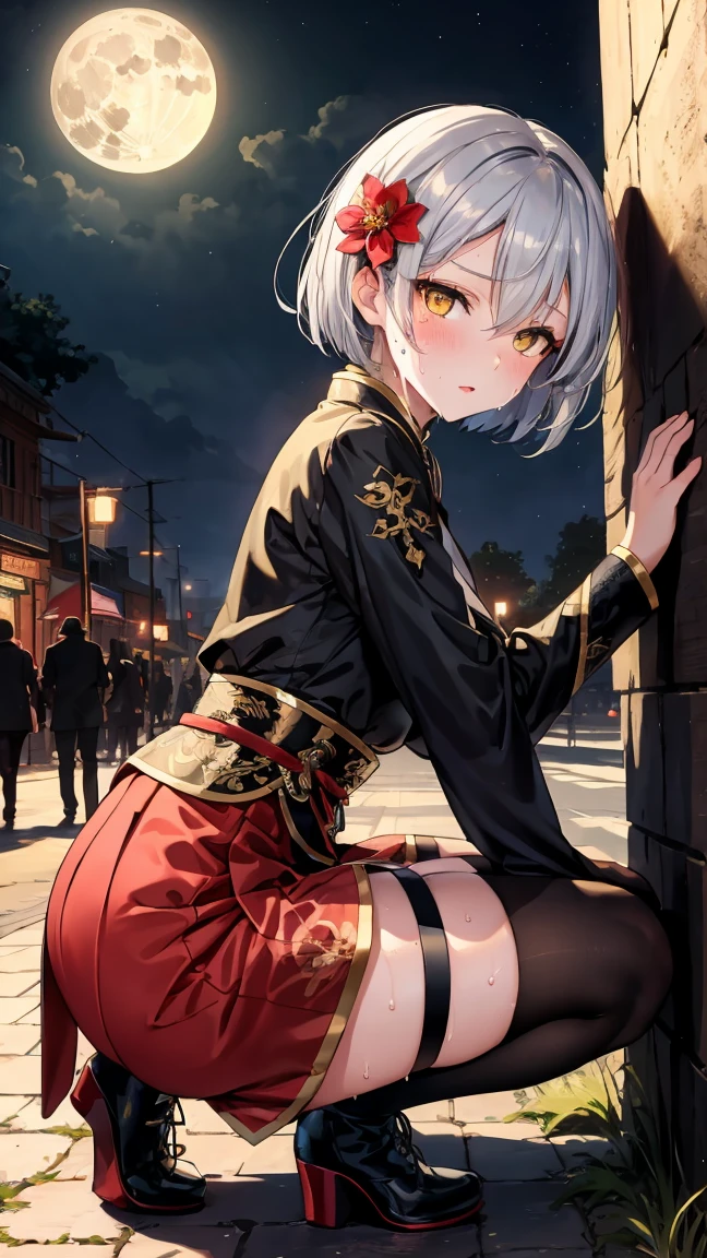 Young girl , short silver bob hair, hair flower, sharp bangs between the eyes, yellow  eyes, eyes large, provocative look, obscene expression, notable physical features, traditional chinese imperial clothes black with gold details, red skirt, black thigh high socks. half-sided angle, crouched in the street, lumbar angle, 90 degree body angle. japanese city, outdoor city, city at night, with full moon in the background, light reflecting on the sexy and sweaty body. (((sweat))) (work of art:1.2,) (best qualityer.)