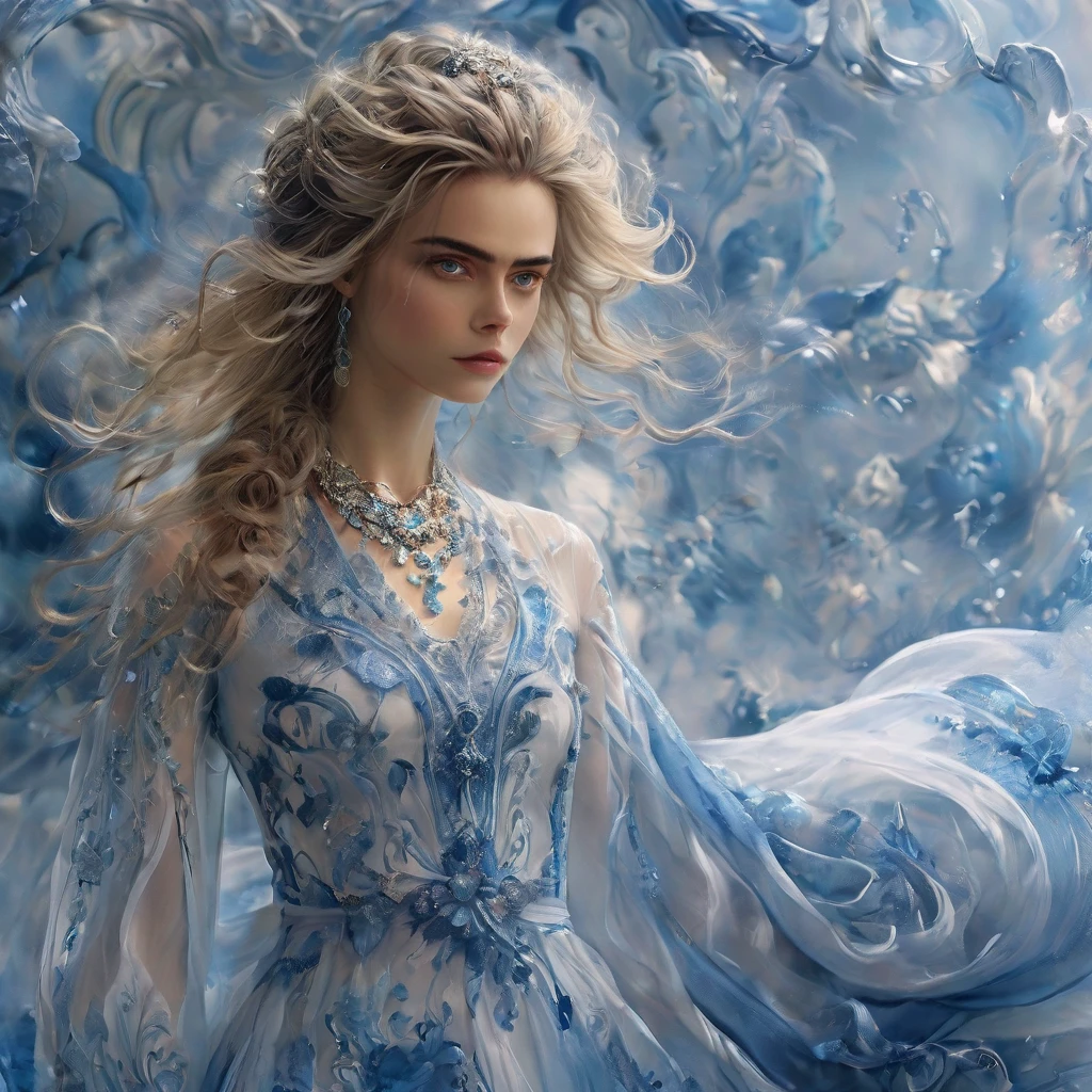 (Masterpiece, 8K, UHD, high resolution: 1.4), stunning portrait of Cara Delevingne, (long, wavy blonde hair: 1.3), (piercing blue eyes: 1.3), (flawless and radiant skin: 1.2), (elegant and stylish dress: 1.2), (confident and graceful pose: 1.2), (delicate and sophisticated jewelry: 1.1), (background with soft and sophisticated lighting: 1.1), (glamorous and sophisticated atmosphere: 1.3), realistic and intricate details, (elements of fashion and beauty: 1.2), (captivating and attractive perspective: 1.3)