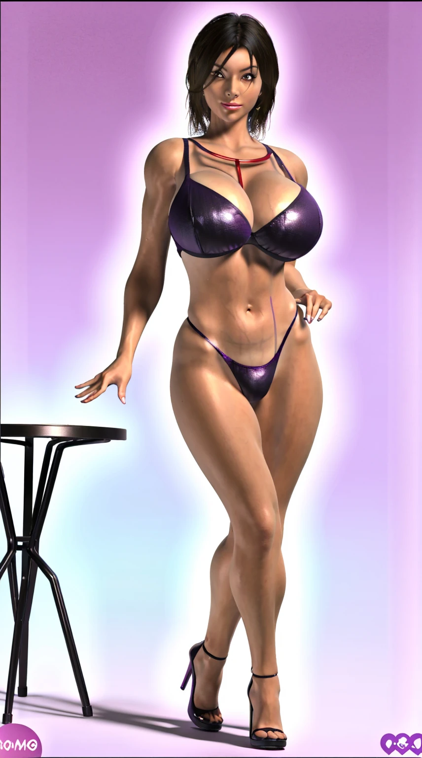 A MATURE WOMAN, HUGE FAKE , (BEAUTIFUL FACE), (RGB), (PURPLE BRA), (HIGH HEELS), (PERFECT BODY:1.2), (LONG LEG), (FULL BODY:1.3), FRONT, (STANDING:1), SEXY BODY, EXPOSE MUSCLE ABS, UHD, 8K, 1080P.
