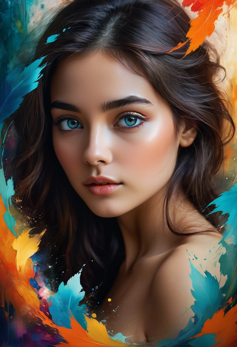 Create a mesmerizing and unique piece of art featuring a young woman as the central figure. Her presence should radiate elegance and mystery, captivating the viewer. Use a blend of realistic and surreal elements to highlight her special nature. Her eyes should be particularly expressive, conveying deep emotions such as wisdom, hope, and resilience. The background can be a blend of abstract shapes and colors, adding depth and intrigue to the composition. Incorporate subtle symbolic elements that hint at her story and inner world, making the artwork not just a portrait, but a narrative filled with meaning and beauty. Use rich, vibrant colors and masterful lighting to enhance the overall impact, creating a timeless masterpiece.