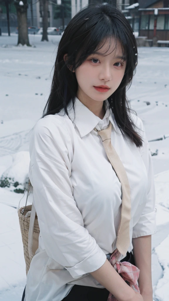 Best quality，masterpiece，Ultra-high resolution，snow，16K,Snow background，（Photo Realism：1.4),1 Girl，JK，Sexy，（Shirt and Tie：1.2),（Big breasts：1.3),（whole body：1.4)