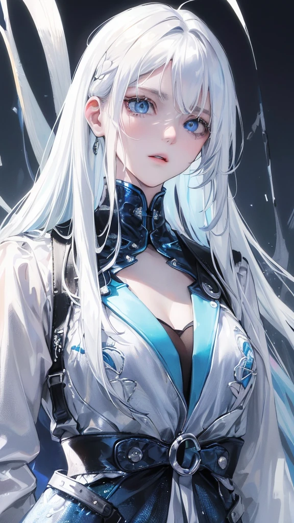 (Top resolution、Distinct_image)top-quality、A girl、masterpiece、highly detailed、Semi-realistic、blue eyes 、18year old、young、cool clothing、Exquisite facial features、Facial features ,variation potrait, a white background, white hair , long hairstyles, zombies apocalypse, age, cool , cold sharp eyes,