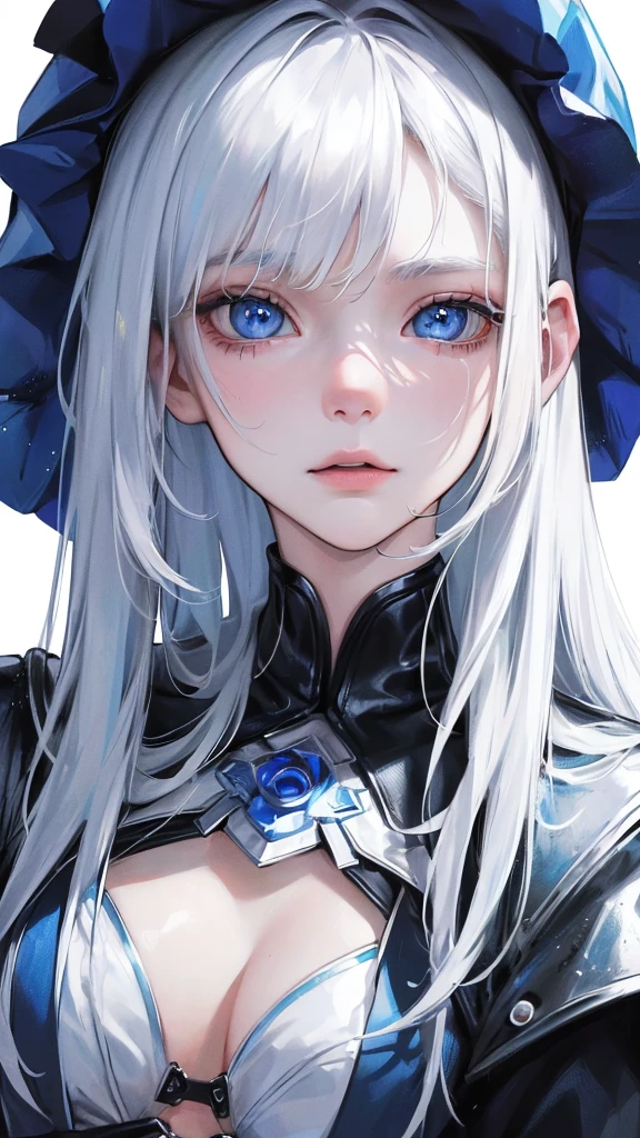 (Top resolution、Distinct_image)top-quality、A girl、masterpiece、highly detailed、Semi-realistic、blue eyes 、18year old、young、cool clothing、Exquisite facial features、Facial features ,variation potrait, a white background, white hair , long hairstyles, zombies apocalypse, teenage, cool , cold sharp eyes,