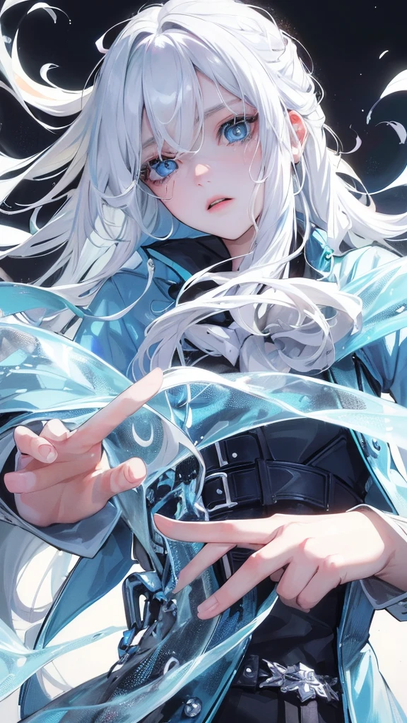 (Top resolution、Distinct_image)top-quality、A girl、masterpiece、highly detailed、Semi-realistic、blue eyes 、18year old、young、cool clothing、Exquisite facial features、Facial features ,variation potrait, a white background, white hair , long hairstyles, zombies apocalypse, teenage, cool , cold sharp eyes,