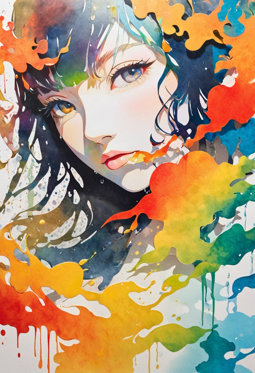 beautiful woman portrait, conceptual installation pop art, 2.5D, delicate and dynamic, fusion of watercolors and oil paintings, fusion of paper cutting and shadow puppetry, magic of vivid color shades and contrasts, gradation, wet in wet, water splash, foggy filter effect, Japanese paper quality, abstract part
