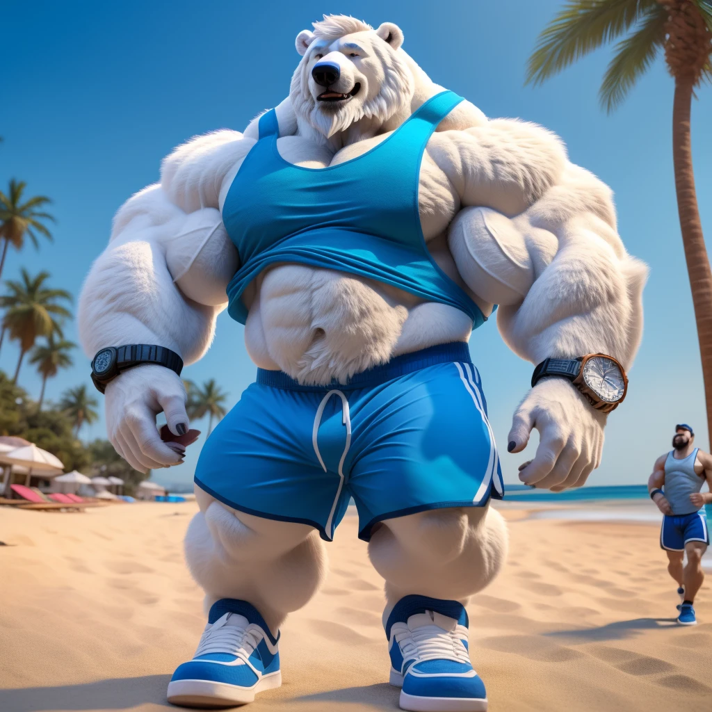 huge muscular polar bear dad in street city, big smile, polar bear, huge white fur, thick arm, huge arm, bearded. white hair and beard, bearded, (muscular, pectoral, wide pectoral, thick arms), beach, palm, realistic, 8k, masterpiece, (wearing blue gym shorts, wristbands, watch and tank top, gym shoes)