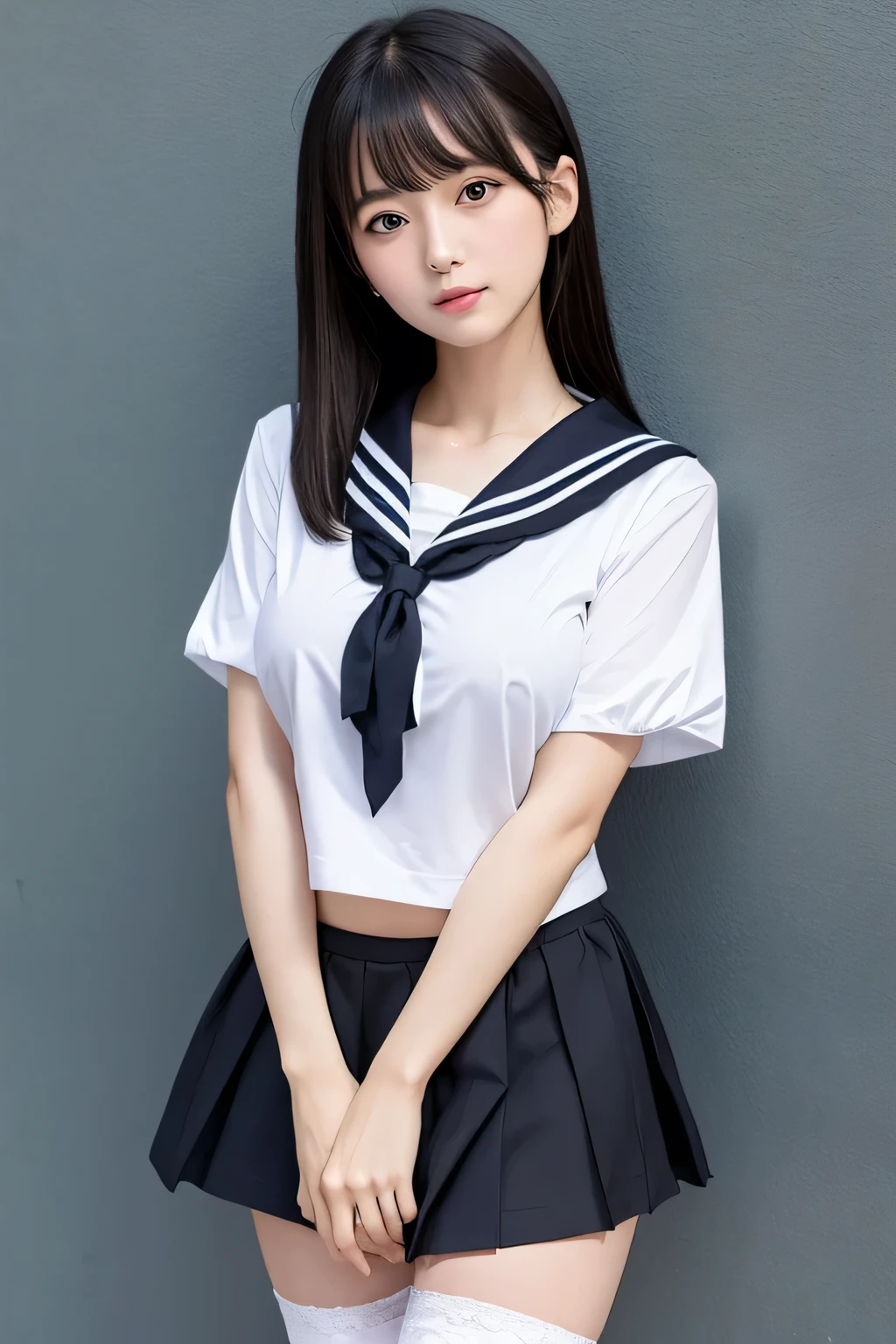 ((Highest quality)), ((masterpiece)), (detailed),  
Japanese、Girl、student、Slim body、serious、Super large breasts、Super big ass、Big black eyes、Black Hair、Hair is waist-length、fun、No bra、Summer sailor uniform、Short skirt、Very small white string panties、White knee-high socks、The background is simple、The background is the city、Summer daytime、Are standing