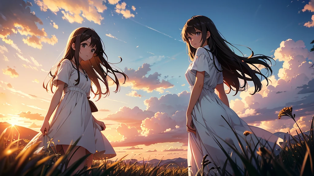 Vast landscape photography、grassland、(View from below、Shows the sky above and below)、High resolution、Highest quality、Very detailed、makoto shinkai、sunset、Girl in white dress looking sideways、College student with long brown hair、Lens blur