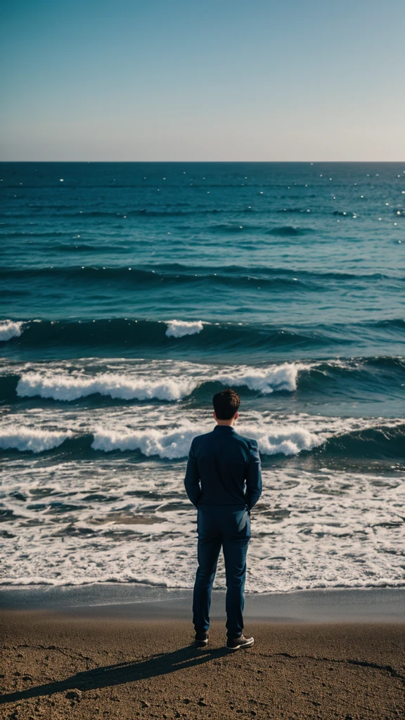 A man stand in front of sea for a photo shoot. Background are so beautiful.