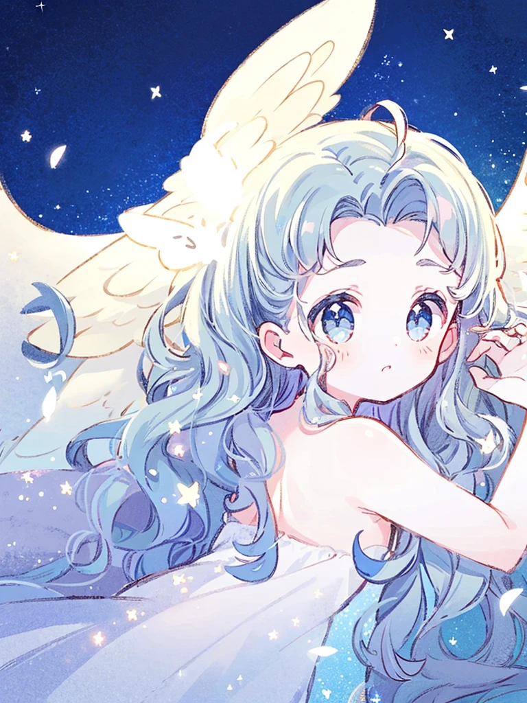 nude angel girl wearing an ethereal translucent dress, pale skin, ((blue mint wavy hair)), white feathers, angel wings, sparkling detailed eyes, golden ratio face, perfect composition, highly detailed, ethereal, (starry night sky background), midjourney style