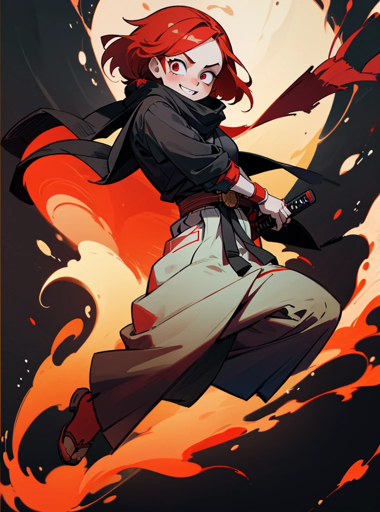 A girl with red hair and short red eyes with a face like happy if her clothes were a white ninja and black lines, wears a spinning scarf and wields a katana covered in fire, full body destruction wallpaper.
