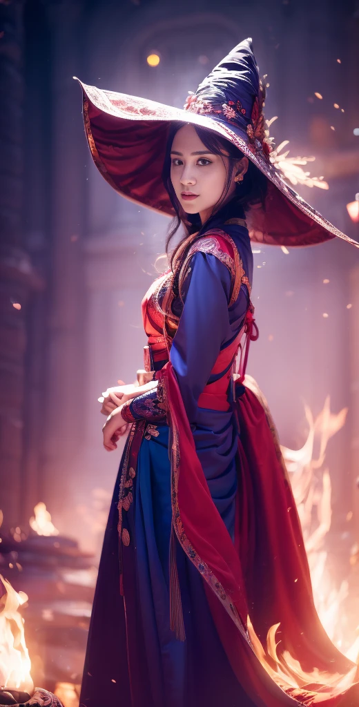 raw,64k uhd,A portrait of beautifully stunning woman, fair skin, surrounded by a swirling nanodusty plasma in glowing blue, vibrant colors, dynamic composition,A portrait of beautifully stunning lady witch, darkness fantasy,girl made of purple smoke,medium Breast, 1 witch  Girl,Black dress,hat hood,fair skin, white hair, cinematic lighting,perfect composition,witch hat, full-body view 