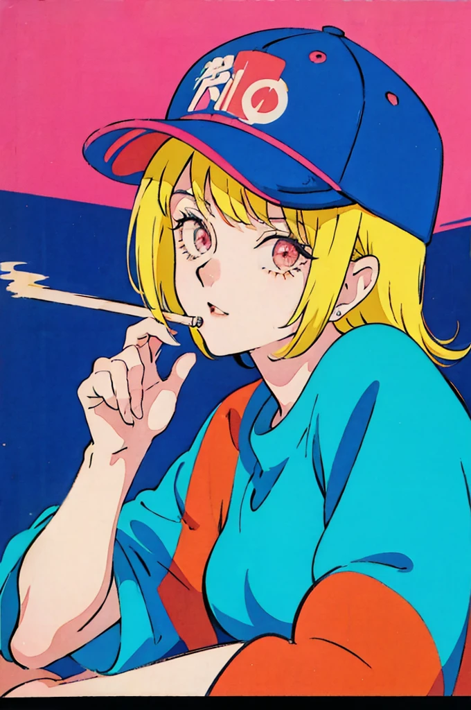 Woman in baseball cap,He is holding up a cigarette and smoking.。, Anime atmosphere of the 80s, 90s anime style, 90s anime style, 80s anime style, In 80s anime art style, 90s anime art style, Anime atmosphere, 80s anime art style, 1980's anime style,Neon Light