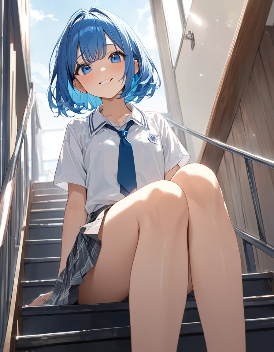 (Highest qualityのイラスト:1.2), (pretty girl:1.1), (1 girl、、Highest qualityのイラスト:1.2), (1 girl、smile、slightly bigger eyes)、Bright blue hair、Short Bob Hair、(Highest quality、Very detailed、Very detailed and beautiful、Ultra-high resolution) 、,{White shirt、Blue ribbon tie、Grey pleated skirt}, from below、School stairs