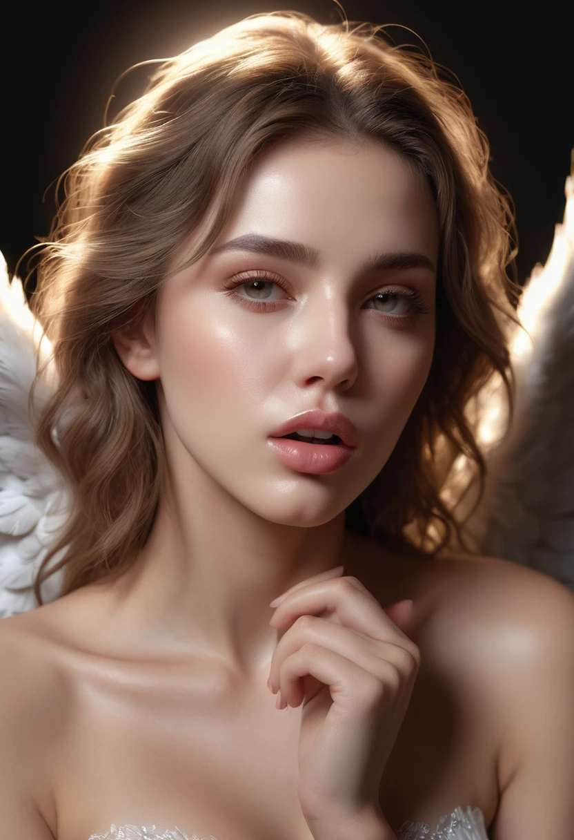 a beautiful angel gently caressing and pleasuring an erect penis with her hands and mouth, full body portrait, ultra-detailed, (best quality,4k,8k,highres,masterpiece:1.2),ultra-detailed,(realistic,photorealistic,photo-realistic:1.37),highly detailed face and anatomy,intricate angelic features,glowing halo,delicate hands,supple lips,saliva,tender expression,chiaroscuro lighting,warm soft colors,dramatic shadows,cinematic composition