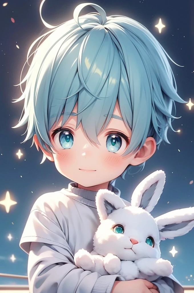 Cute little boy with green eyes and blue hair holding a cute stuffed rabbit with the backdrop of bright stars