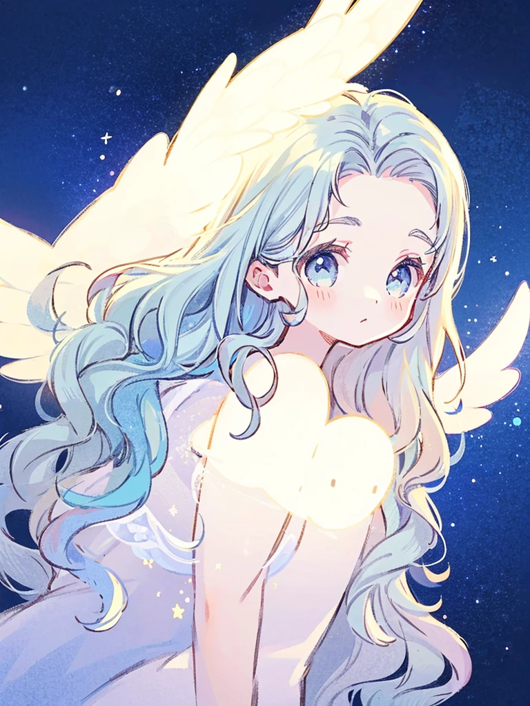 nude angel girl wearing an ethereal translucent dress, pale skin, ((blue mint wavy hair)), white feathers, angel wings, sparkling detailed eyes, golden ratio face, perfect composition, highly detailed, ethereal, (starry night sky background), midjourney style