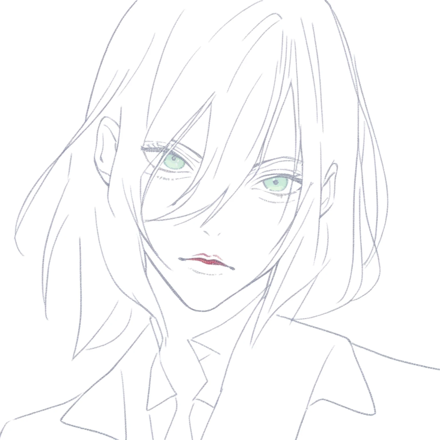 green eyes, korean illustration, HD image, realist, black hair, semi red lips white shirt, black jacket