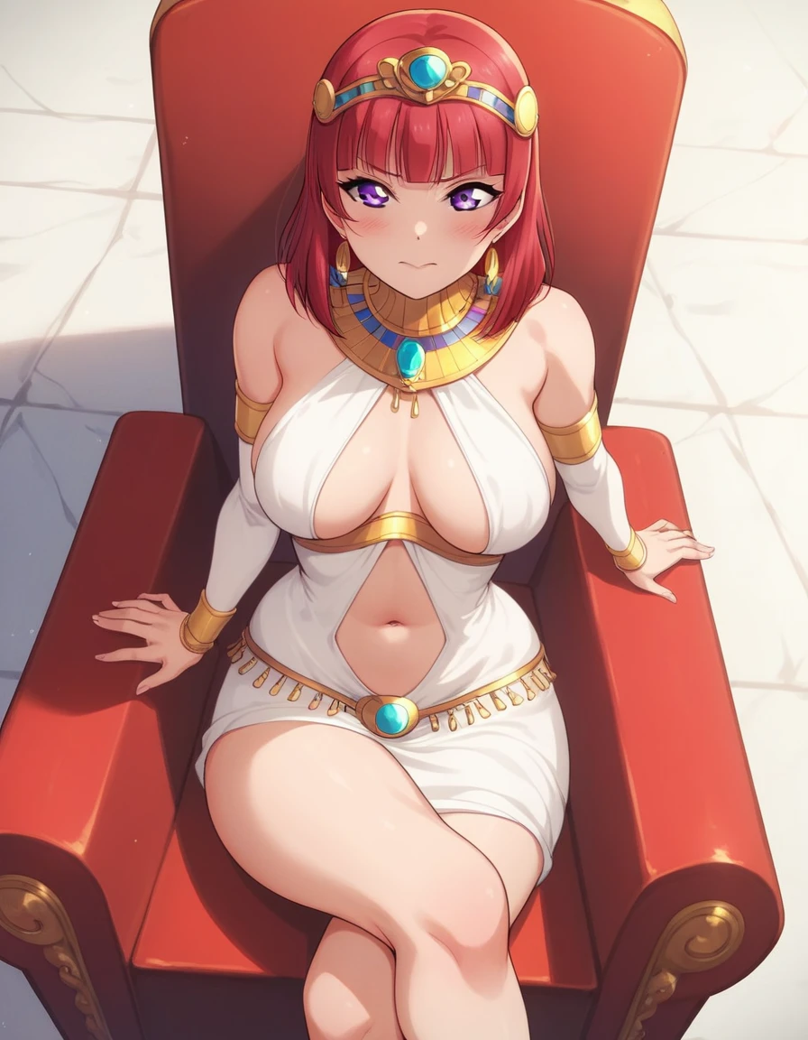 Maki nishikino,love live, highres, shiny red hair , from above,pov,purple eyes,blush , closed mouth, sitting on throne, crossed legs, elbow support, bare shoulders dress, vertical cutout,navel, breasts apart,thighs , looking at viewer, (sagging breasts:0.7) ,tiara, Egypt queen ,feet, Cleopatra