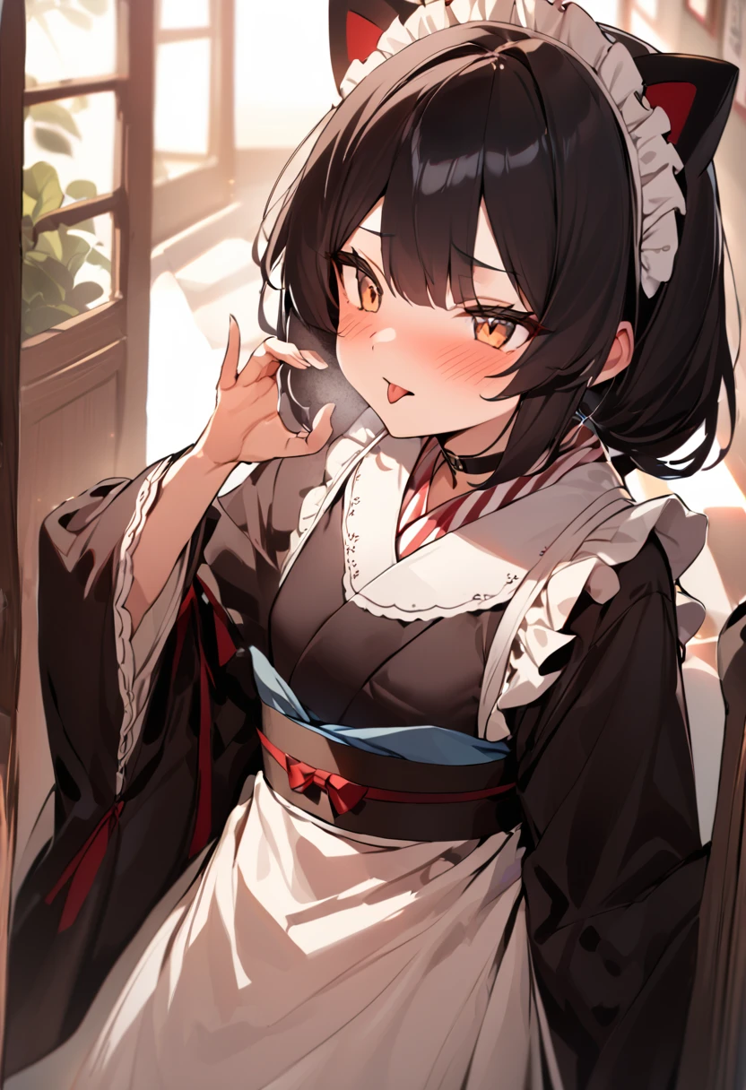 masterpiece,Highest quality,anime,Blowjobgesture,Blowjob_gesture,One girl,blush,Open_moutsideh,tongue_outside,White sweater,Small breasts, Clenched fist
、choker, maid headdress, black kimono, wide sleeves, frills, obi, white apron, sleeves past wrists,