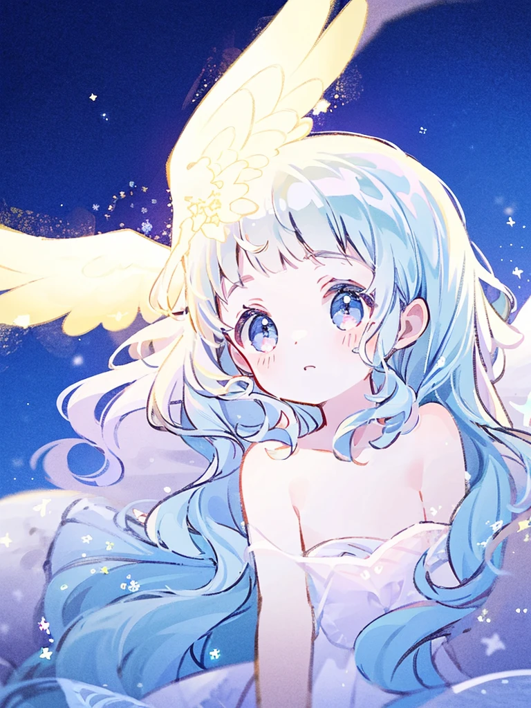 nude angel girl wearing an ethereal translucent dress, pale skin, ((blue mint wavy hair)), white feathers, angel wings, sparkling detailed eyes, golden ratio face, perfect composition, highly detailed, ethereal, (starry night sky background), midjourney style