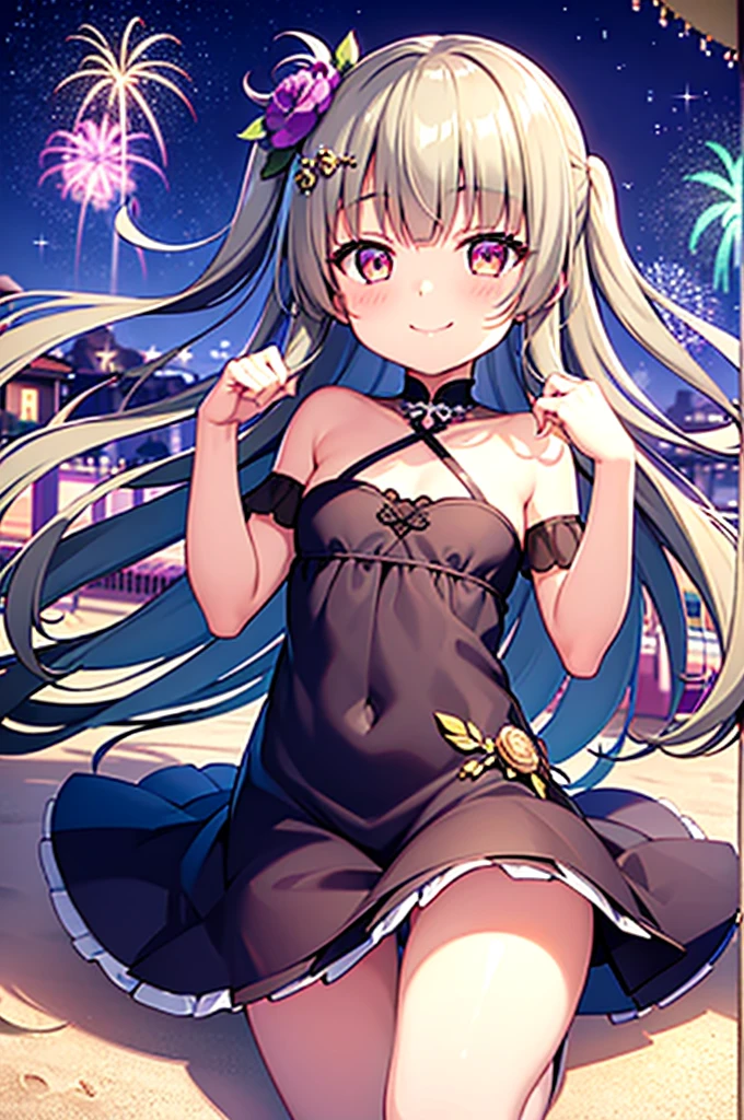 Himari Meimei, masterpiece, Voluptuous thighs, petit body, little young girl, flat chest, {1 Girl}, Cute and erotic smile, Highly detailed sparkling purple eyes, summer night, fireworks, 困り眉, open legs, legs up, silver grey hair, lying on beach bed,