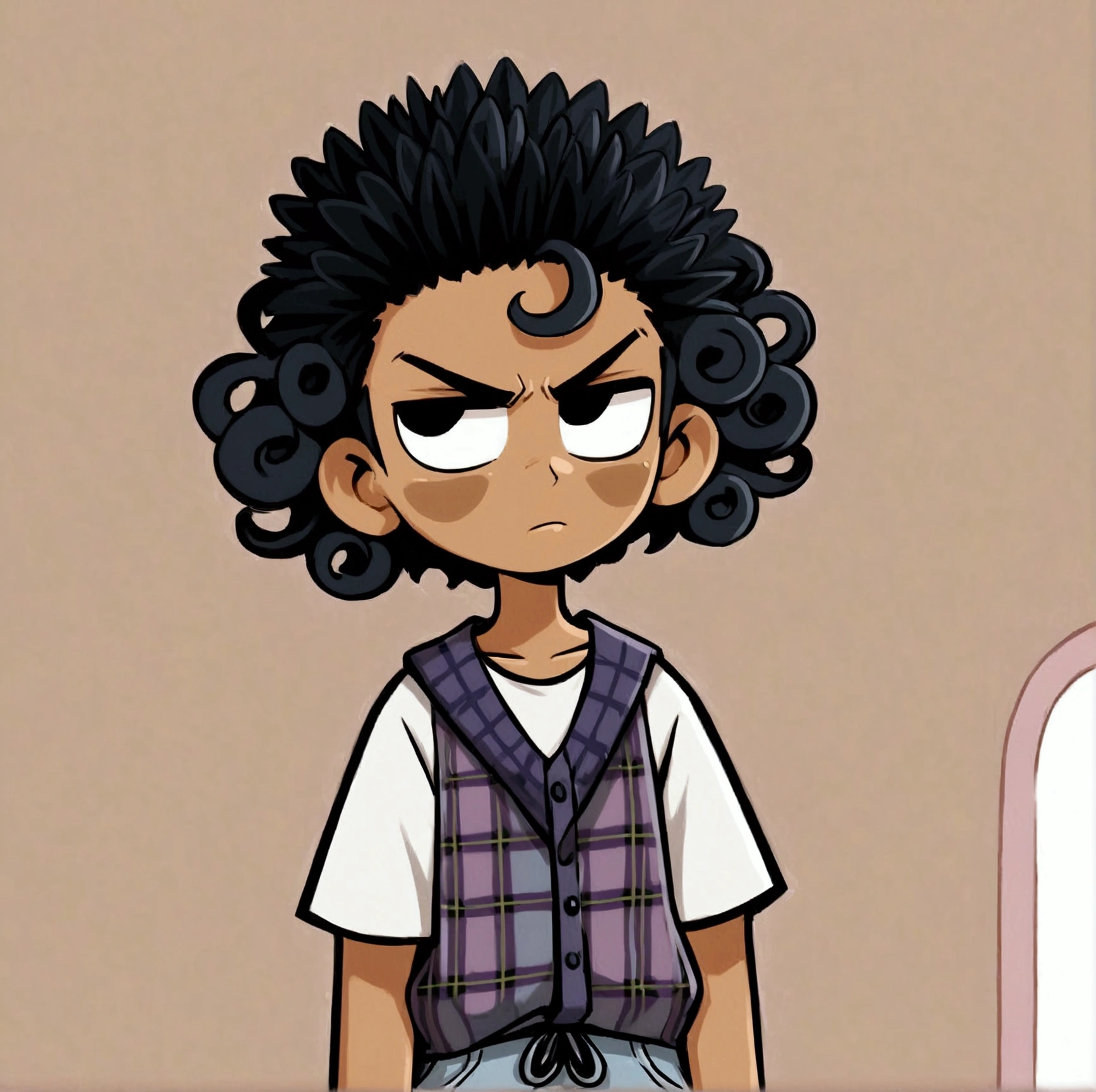 Create a cartoon-style image of a ager with dark, curly hair, wearing a plaid tank top over a white t-shirt