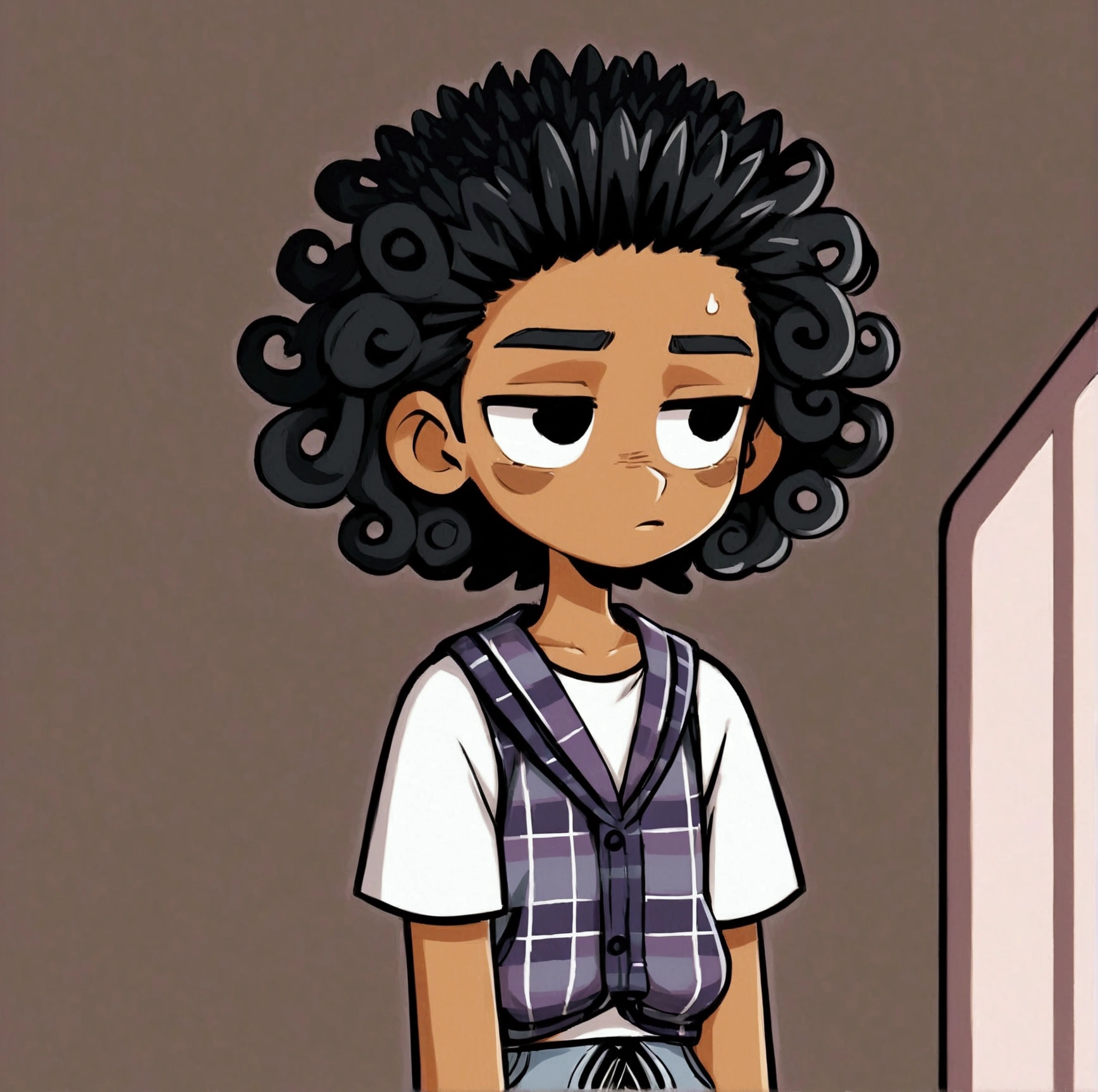Create a cartoon-style image of a teenager with dark, curly hair, wearing a plaid tank top over a white t-shirt