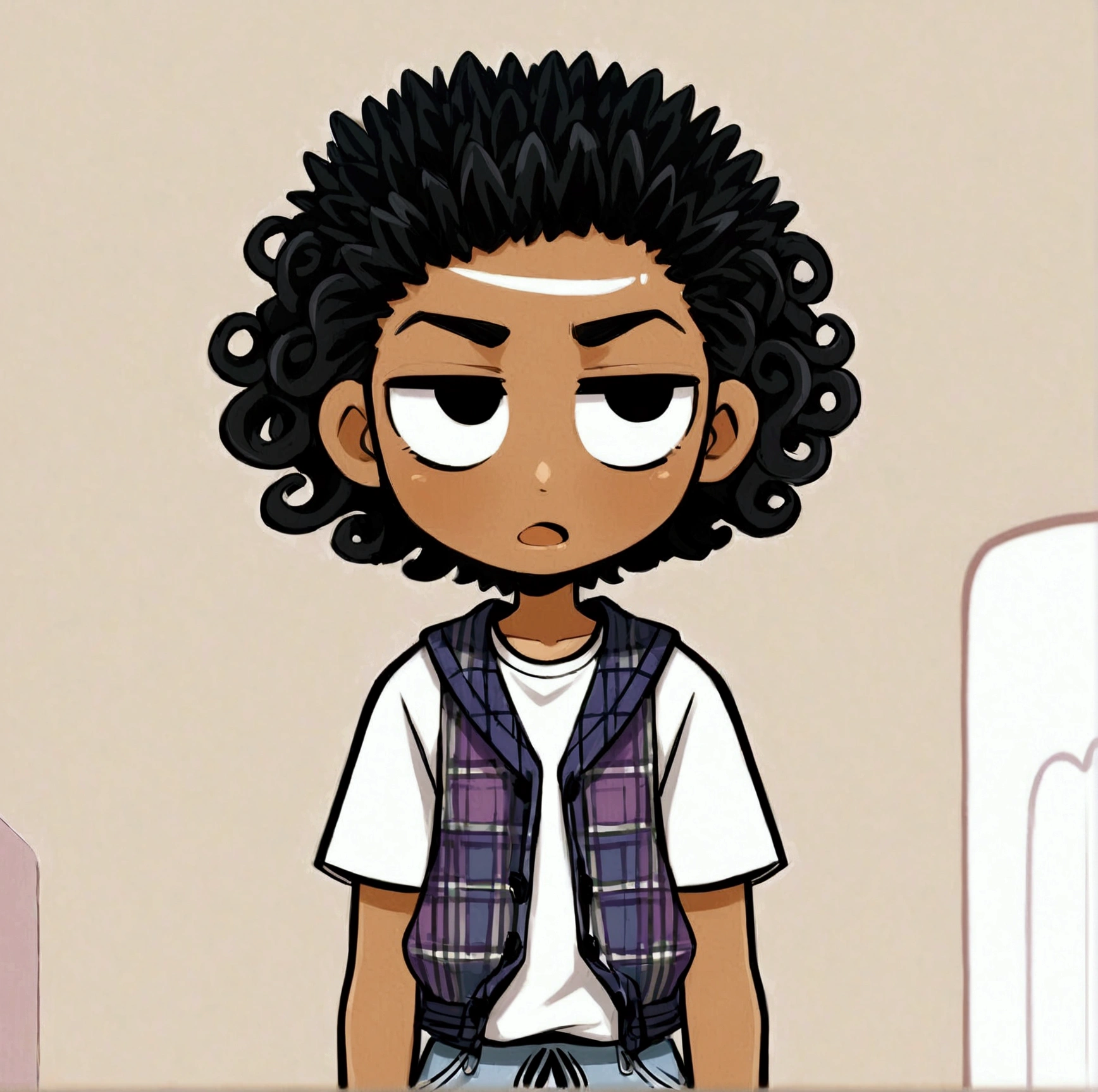 Create a cartoon-style image of a teenager with dark, curly hair, wearing a plaid tank top over a white t-shirt