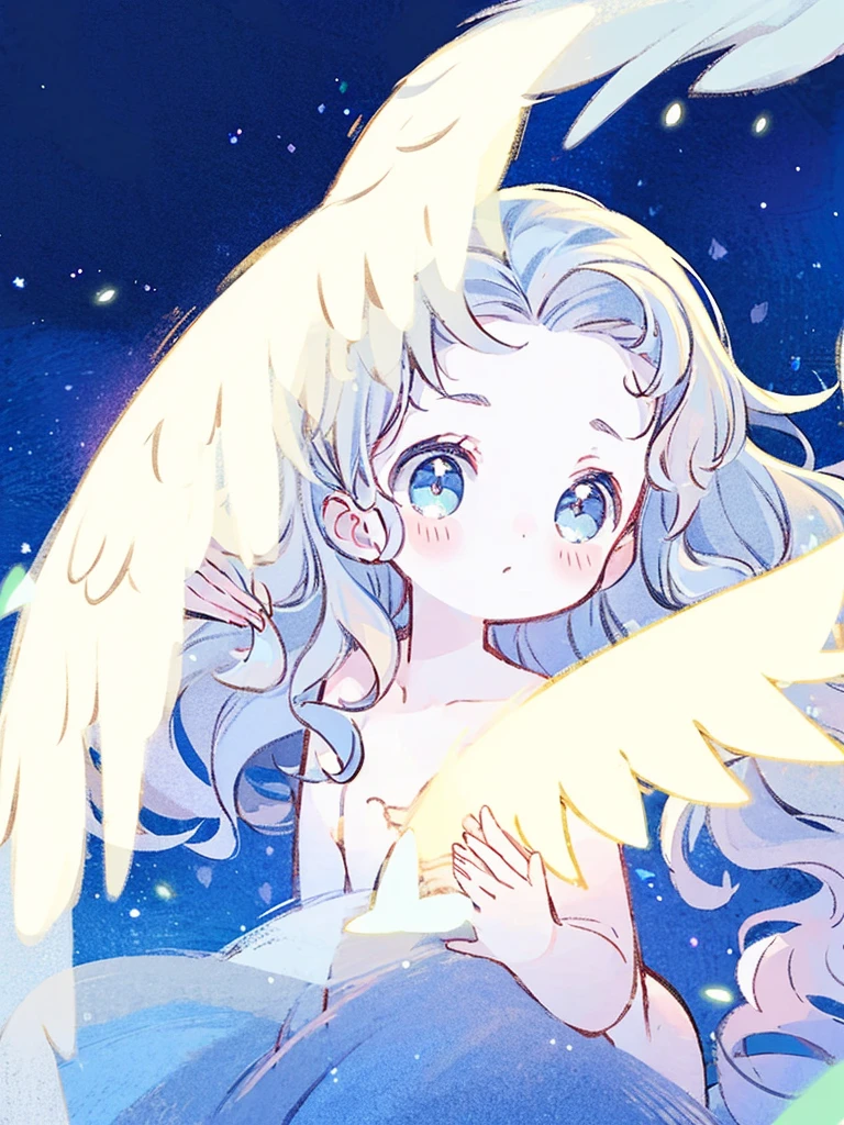 nude angel girl wearing an ethereal translucent dress, pale skin, ((blue mint wavy hair)), white feathers, angel wings, sparkling detailed eyes, golden ratio face, perfect composition, highly detailed, ethereal, (starry night sky background), midjourney style