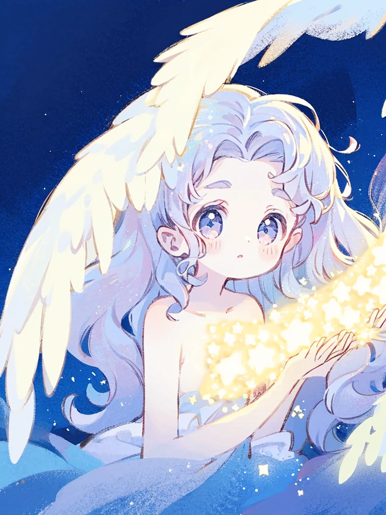 nude angel girl wearing an ethereal translucent dress, pale skin, ((blue mint wavy hair)), white feathers, angel wings, sparkling detailed eyes, golden ratio face, perfect composition, highly detailed, ethereal, (starry night sky background), midjourney style