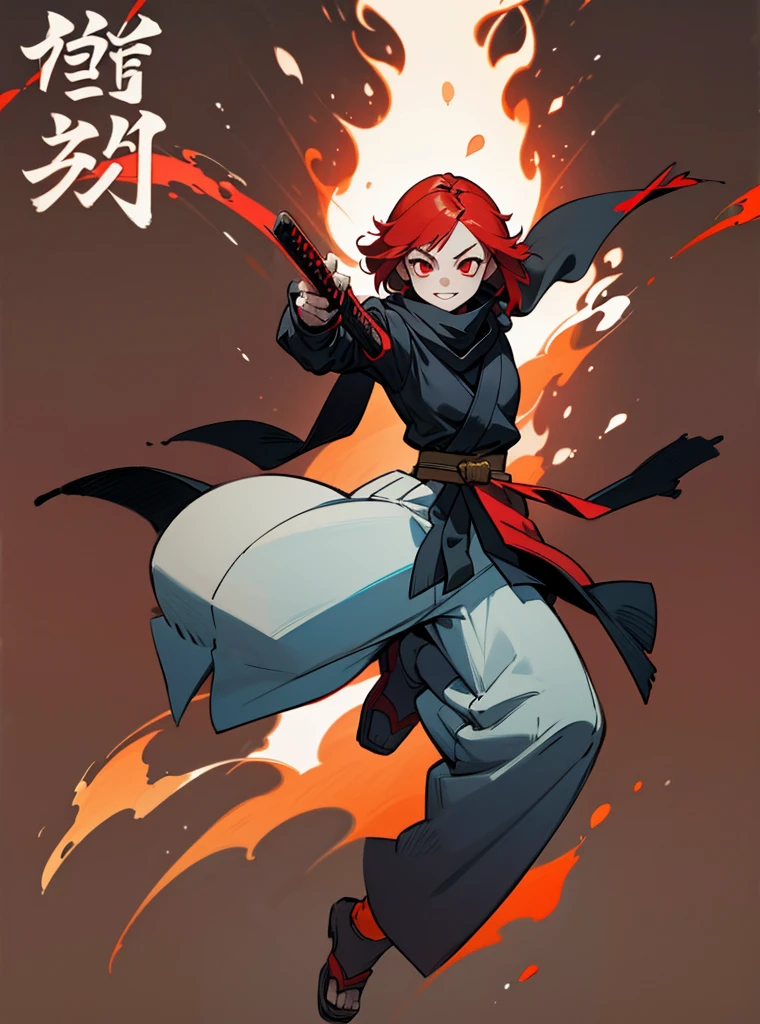 A girl with red hair and short red eyes with a face like happy if her clothes were a white ninja and black lines, wears a spinning scarf and wields a katana covered in fire, full body destruction wallpaper.