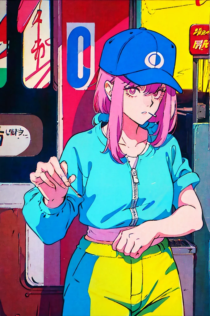 Woman in baseball cap,He is holding up a cigarette and smoking.。, Anime atmosphere of the 80s, 90s anime style, 90s anime style, 80s anime style, In 80s anime art style, 90s anime art style, Anime atmosphere, 80s anime art style, 1980's anime style,Neon Light