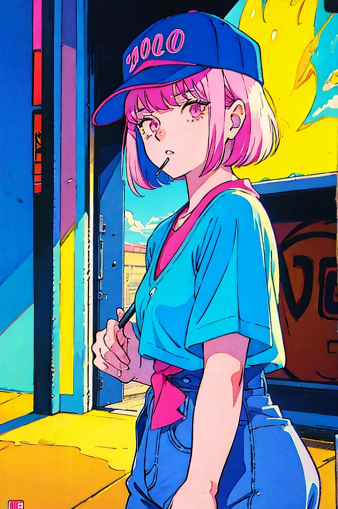 Woman in baseball cap,He is holding up a cigarette and smoking.。, Anime atmosphere of the 80s, 90s anime style, 90s anime style, 80s anime style, In 80s anime art style, 90s anime art style, Anime atmosphere, 80s anime art style, 1980's anime style,Neon Light