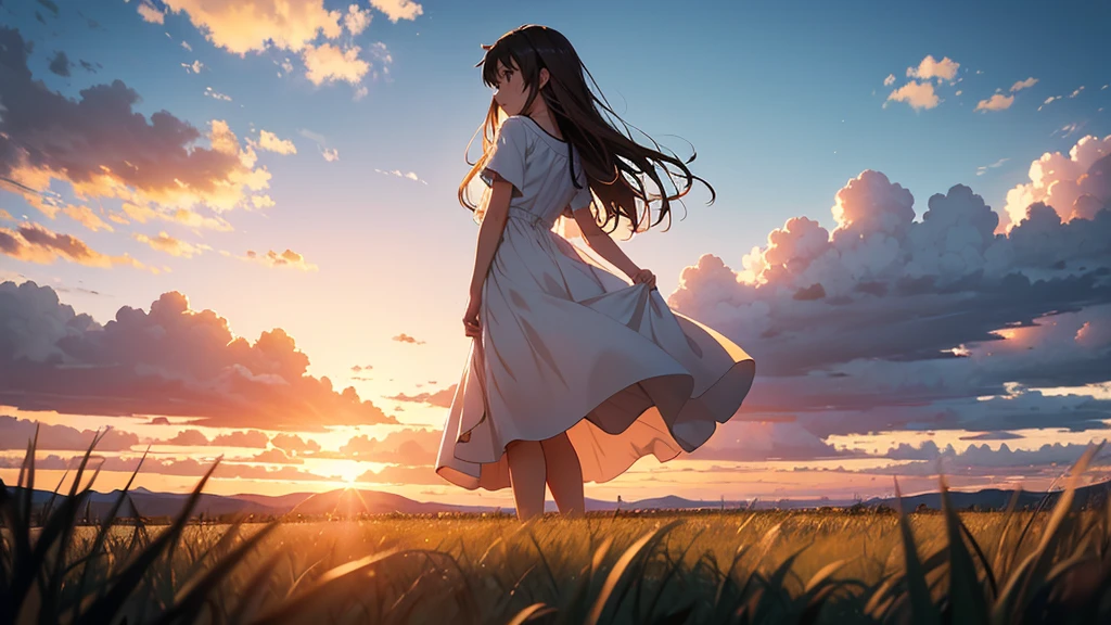 Vast landscape photography、grassland、(View from below、Shows the sky above and below)、High resolution、Highest quality、Very detailed、makoto shinkai、sunset、Girl in white dress looking sideways、College student with long brown hair、Lens blur
