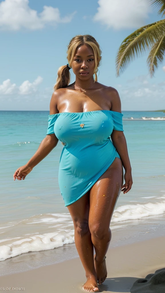 Glossy oil painting; Melanin woman, Chibi style; with a plumper figure, walking along the shoreline. She has pigtail hairs dyed blonde, and is wearing a stylish blue off-shoulder beach dress. She is barefoot, carrying a pair of sandals in one hand, and has a beach bag slung over her shoulder. The background shows a sunny beach scene with clear,fat_booty_, turquoise water, and gentle waves lapping at her feet. The overall mood is relaxed and carefreez huge_breast_ huge_thighs,gigantic_breasts_