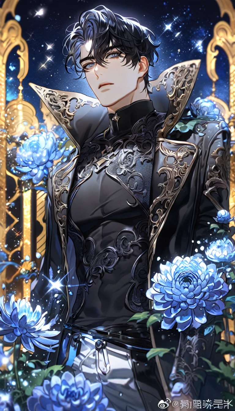 absurdres, highres, ultra detailed, HDR, master piece, best quality, extremely detailed, Yoo Joonghyuk, black hair, expressive gray eyes, Omniscient Reader's Viewpoint, solo, sexy man, handsome, black coat, black tight turtleneck shirt, fantasy, water, sparkling, blue glittering fireflies, blue moon, blue blossoms, blue chrysanthemums, blue sparkling lights, starry sky