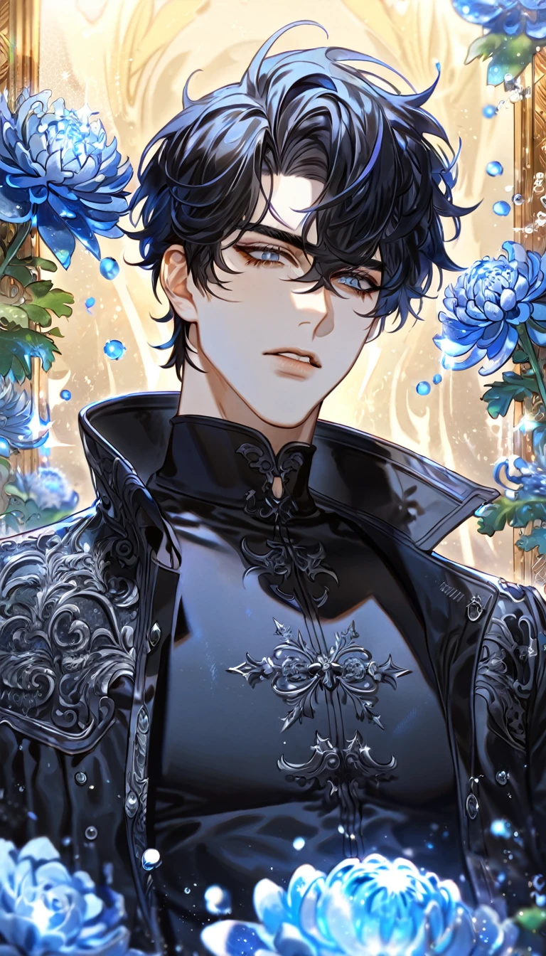 absurdres, highres, ultra detailed, HDR, master piece, best quality, extremely detailed, Yoo Joonghyuk, black hair, expressive gray eyes, Omniscient Reader's Viewpoint, solo, sexy man, handsome, black coat, black tight turtleneck shirt, fantasy, water, sparkling, blue glittering fireflies, blue moon, blue blossoms, blue chrysanthemums, blue sparkling lights, starry sky