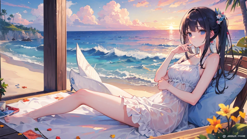 ((Highest quality)), ((masterpiece)), (detailed),beach sunset relax