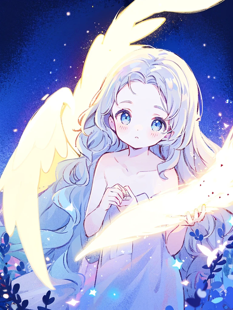 nude angel girl wearing an ethereal translucent dress, pale skin, ((blue mint wavy hair)), white feathers, angel wings, sparkling detailed eyes, golden ratio face, perfect composition, highly detailed, ethereal, (starry night sky background), midjourney style