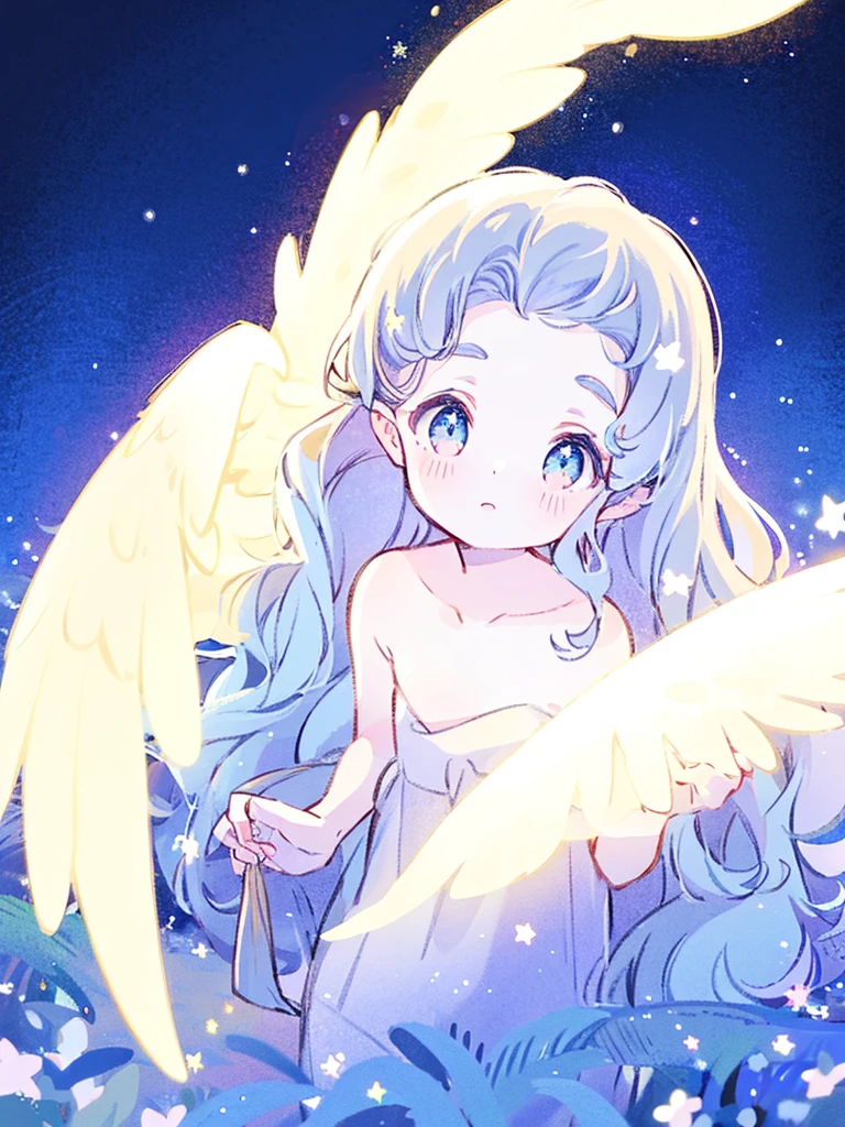 nude angel girl wearing an ethereal translucent dress, pale skin, ((blue mint wavy hair)), white feathers, angel wings, sparkling detailed eyes, golden ratio face, perfect composition, highly detailed, ethereal, (starry night sky background), midjourney style