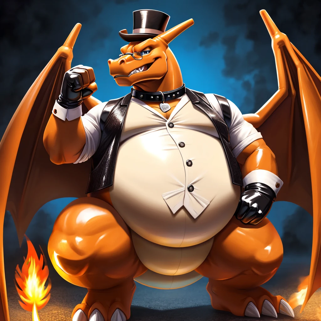 Solo, Male, fat, extremely obese, gentleman, dapper Professor Charizard, blue eyes, (posing:1.3), (soft shading), 4k, hi res, ((detailed face, detailed)), looking at viewer, mouth wide open, steampunk, collared shirt with buttons, top hat, male focus, Explorer Outfit, glasses, monocle, vest with buttons, sleeves rolled up, round eyewear, brown headwear, brown vest, Charizard is wearing a glossy leather dog collar around the neck, Charizard is wearing the leather collar and shirt and vest at the same time, Charizard is wearing glossy white rubber gloves on the hands, wearing white rubber gloves on the feet, gloves are rubber in texture, clenching teeth, clenching fists, leather collar is glossy and shiny with a lot of detail, Charizard is wearing gloves and leather collar at the same time, leather collar has a round dog-tag, leather collar is thick and detailed, leather collar is glossy and shiny, fancy clothing, dapper vest, dapper shirt, leather collar is thick.