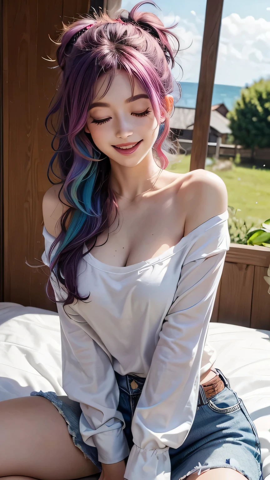woman, messy hair, bedhead, bed hair, rainbow hair, outdoors, , off the shoulder shirt, grin, teeth, eyes closed, happy, cute, makeup, lipstick